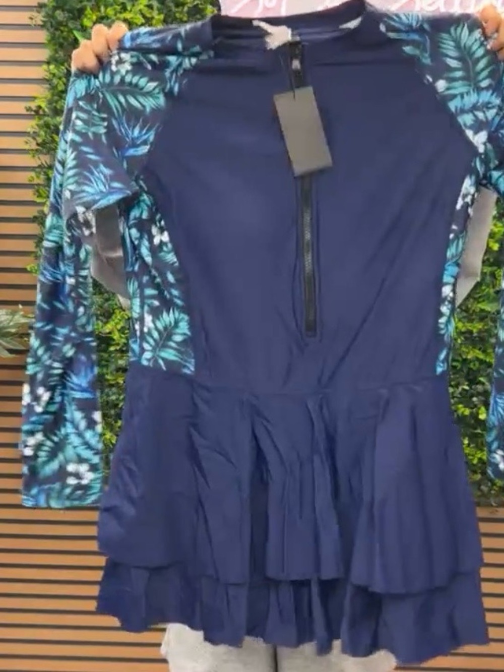 Navy Blue Floral-Sleeve Ruffled Swim Dress